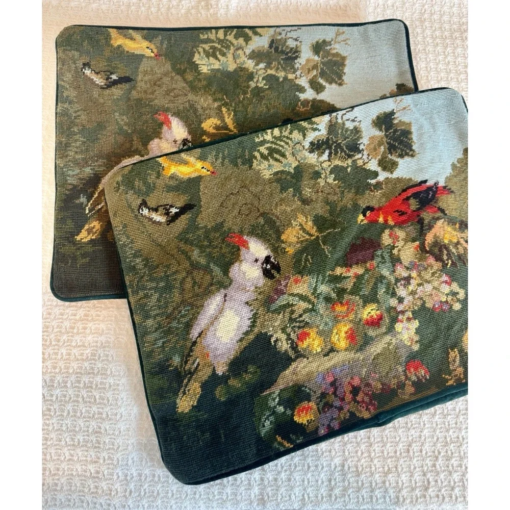 Set of 2 New C&F Wool Needlepoint Tropical Birds Throw Pillow Covers 16x12